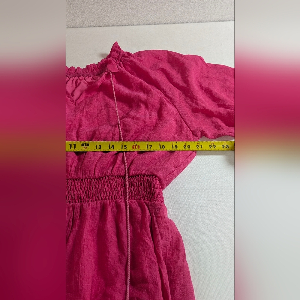 Fuchsia Pink Smocked Poplin Lace Embroidered Mini Dress Pullover Sz L - Picture 13 of 14
